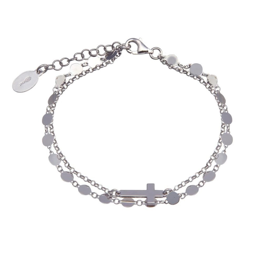 Sterling Silver 925 Rhodium Plated Disc Cross Link Chain Bracelet